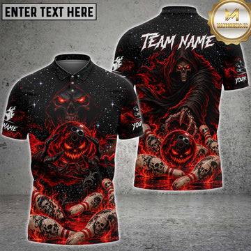 Maxcorners Bowling Grim Reaper Dark Angel Fire Skull Bowling Ball Skull Pins Galaxy Starry Night Custom Team Name Personalized Name 3D Polo Shirt