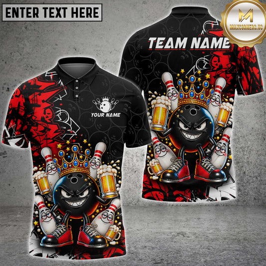 Maxcorners Bowling King Crown Bowling Ball Mascot Beer Pins Graffiti Red Black Custom Team Name Personalized Name 3D Polo Shirt