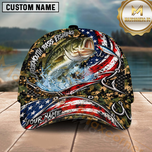 Maxcorners Fishing Cap Jumping Water Splash USA American Flag Stars Stripes Camo Camouflage Hook Lure Personalized Name Multi Options Unisex Classic Hat