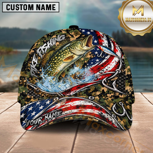 Maxcorners Fishing Cap Jumping Water Splash USA American Flag Stars Stripes Camo Camouflage Hook Lure Personalized Name Multi Options Unisex Classic Hat