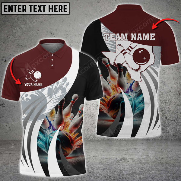 Maxcorners Bowling Ball And Pins Texas Map Multicolor Option Customized Name 3D Shirt (4 Colors)