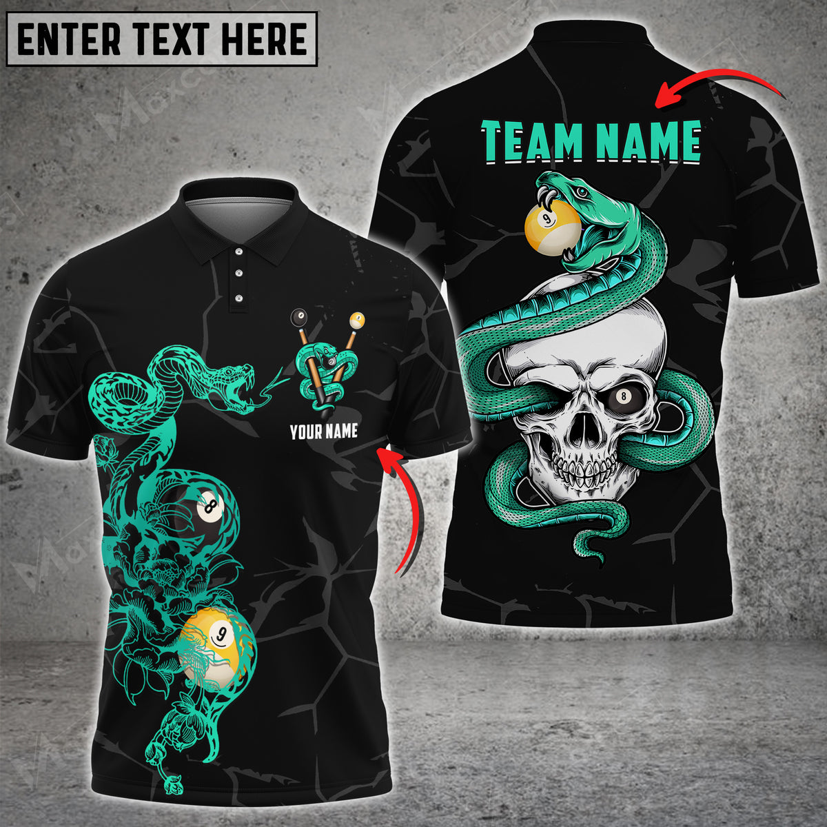 Maxcorners Billiards 8 Ball & 9 Ball Snake Skull Personalized Name 3D Shirt (Multi Color Options)