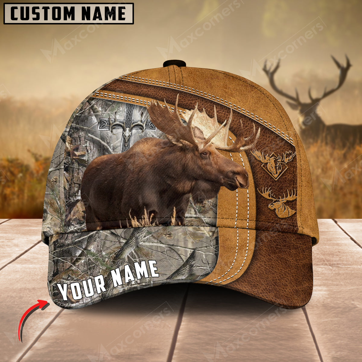 Maxcorners Cross America Hunting Moose Leather Pattern Personalized Hats 3D Multicolored