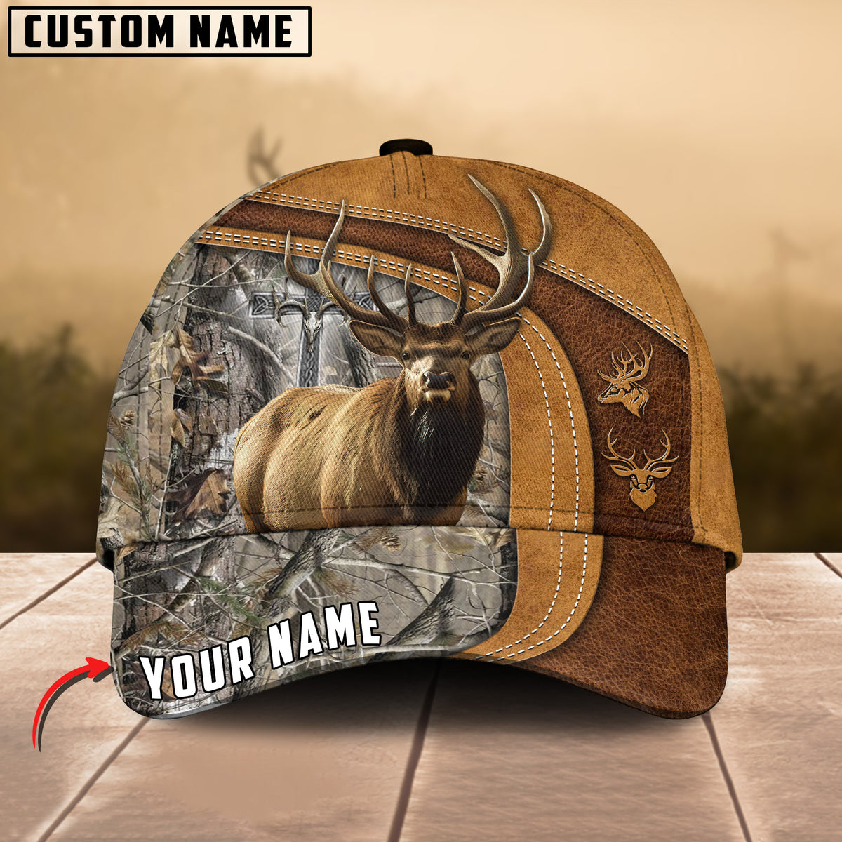 Maxcorners Cross America Hunting Elk Leather Pattern Personalized Hats 3D Multicolored