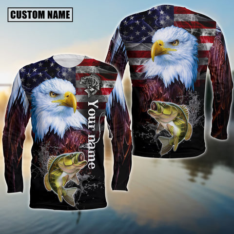 Maxcorners Customize Name Fishing Bass American Eagle 3D Shirts