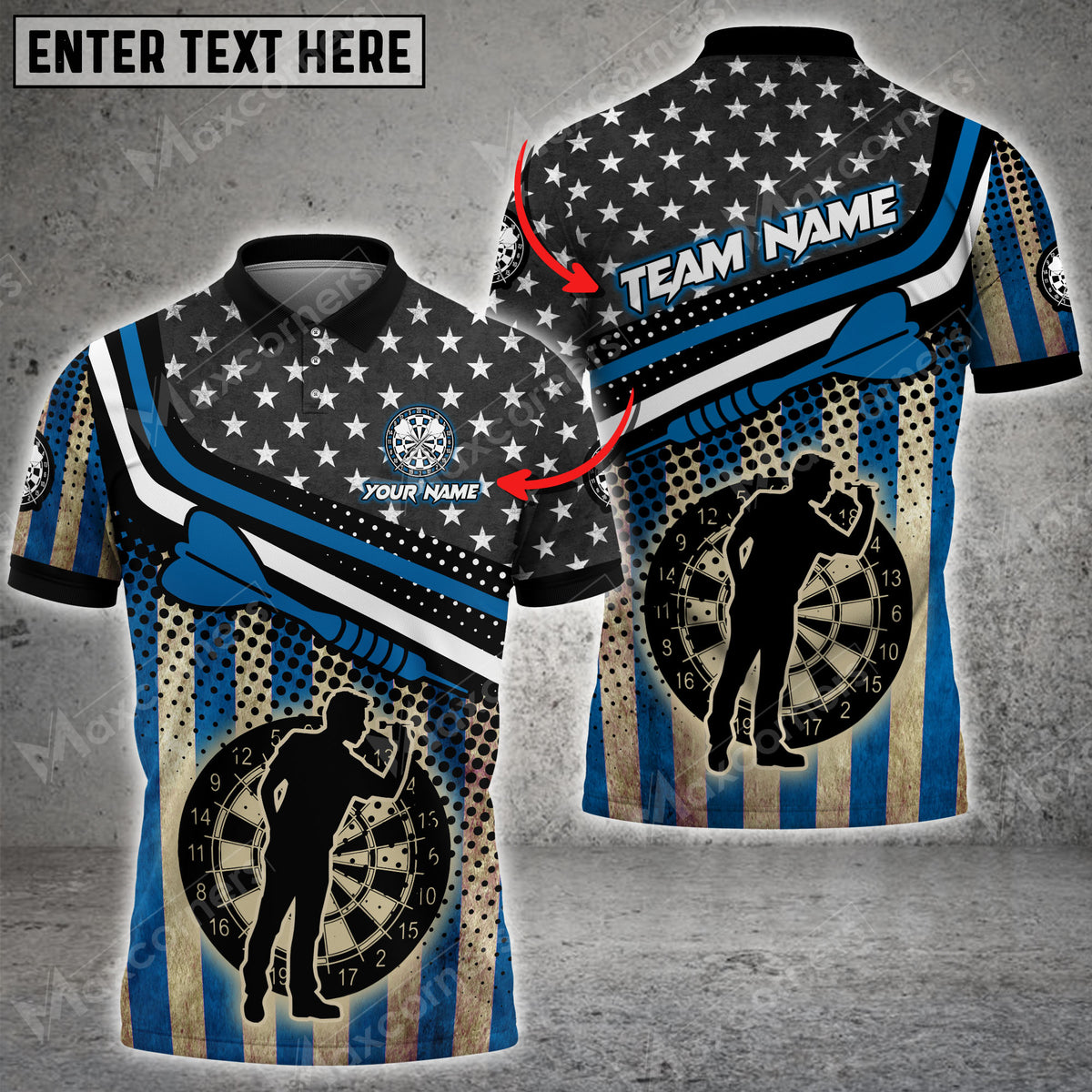 Maxcorners Darts USA Flag Color Options Personalized Name, Team Name Unisex 3D Shirt