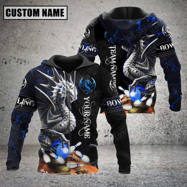 Maxcorners Custom Name Blue Dragon Bowling 3D Hoodie