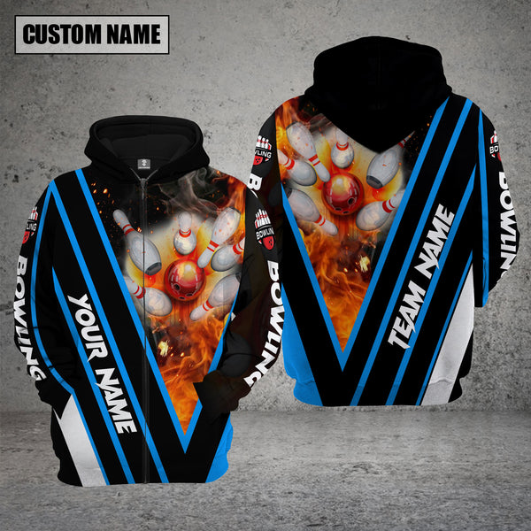 Maxcorners Custom Name Bowling On The Fire Blue 3D Hoodie