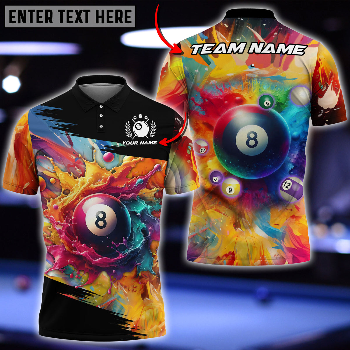 Maxcorners Colorful Paint Splash 8 Ball Billiard Personalized Name 3D Shirt