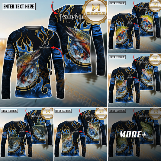 Maxcorners Freshwater Fish Fishing Flame Dark Blue Luxury Pattern Personalized Name, Team Name Long Sleeve Shirt (6 Breeds)