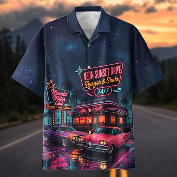 Maxcorners Neon Sunset Drive Retro Diner Classic Car Hawaiian Shirt