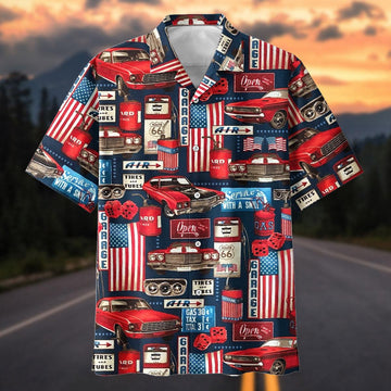 Maxcorners American Classic Car Route 66 Garage Hawaiian Shirt