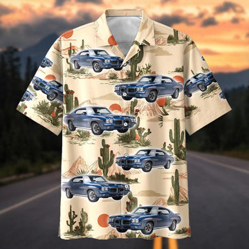 Maxcorners Personalized Classic Blue Muscle Car Desert Cactus Landscape Hawaiian Shirt
