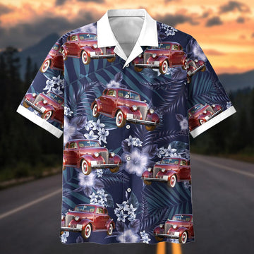Maxcorners Personalized Car Red Antique Classic Car Tropical Floral Hawaiian Shirt