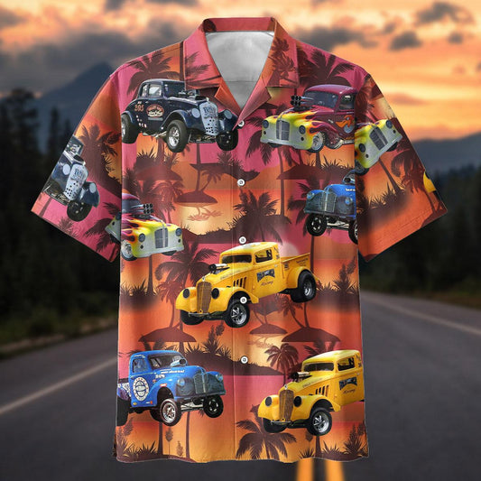 Maxcorners Custom Car Vintage Hot Rod Trucks Tropical Sunset Hawaiian Shirt
