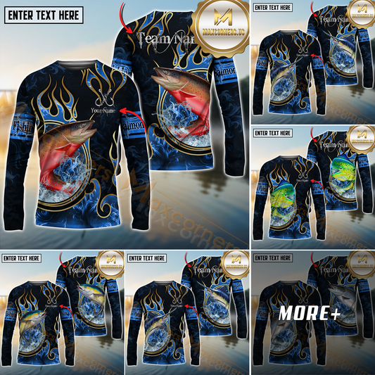 Maxcorners Saltwater Fish Fishing Flame Dark Blue Luxury Pattern Personalized Name, Team Name Long Sleeve Shirt (6 Breeds)