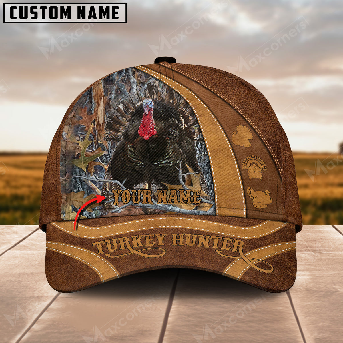 Maxcorners Hunting Turkey Camo Leather Pattern Personalized Hats