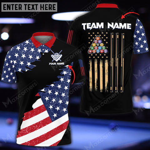 Maxcorners Billiards US Flag Pattern Customized Name, Team Name 3D Shirt (Multicolor Options)