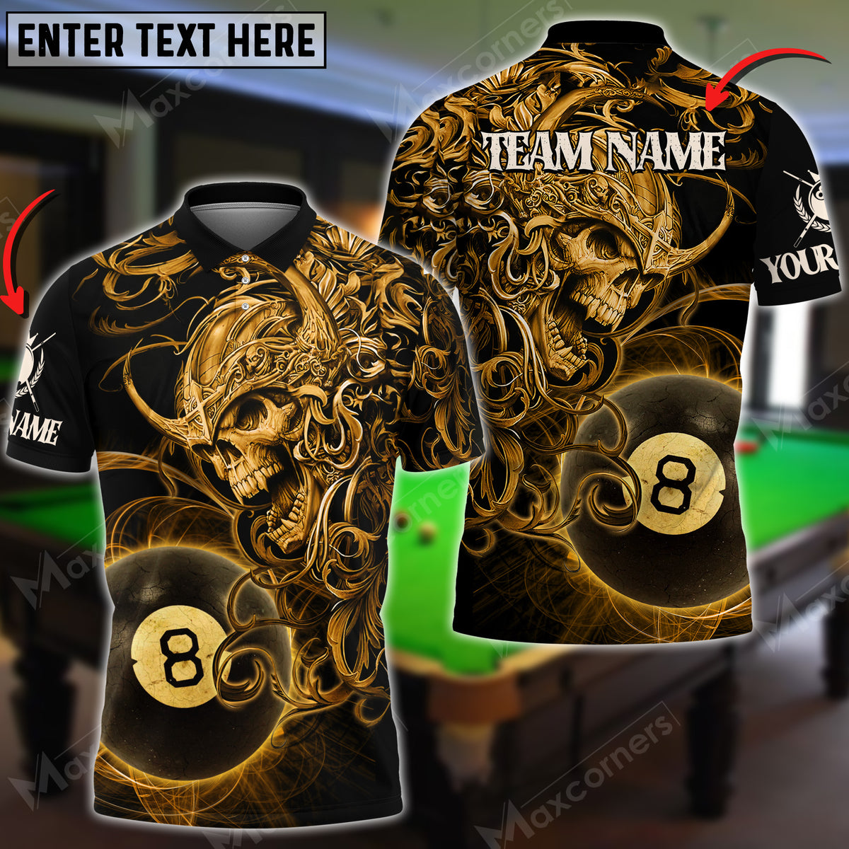 Maxcorners Billiards Viking Skull Warrior Personalized Name, Team Name Unisex Shirt