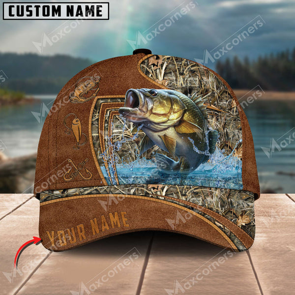 Maxcorners Personalized The Best Leather Pattern Fishing 3D Cap ( Large Mouth Bass, Walleye, Stripped Bass, Trout Fish, Catfish, Crappie, Salmon, Pike )