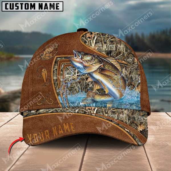 Maxcorners Personalized The Best Leather Pattern Fishing 3D Cap ( Large Mouth Bass, Walleye, Stripped Bass, Trout Fish, Catfish, Crappie, Salmon, Pike )