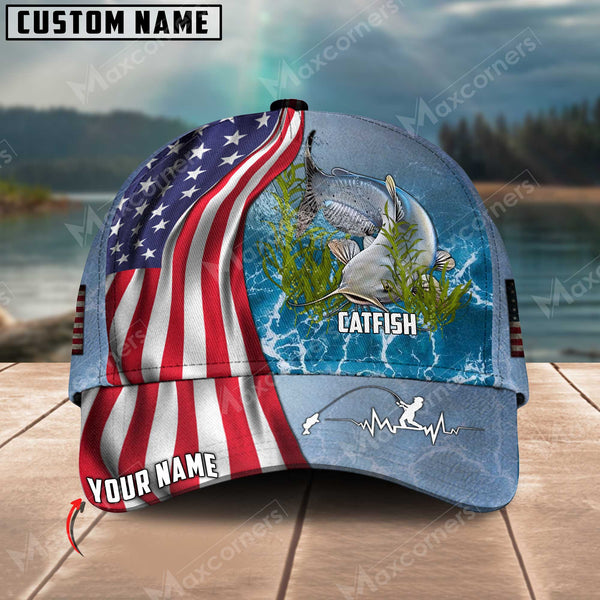 Maxcorners Personalized US Flag Fishing Aholic 3D Cap ( Large Mouth Bass, Walleye, Stripped Bass, Trout Fish, Catfish, Crappie, Salmon, Pike )