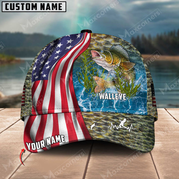 Maxcorners Personalized US Flag Fishing Aholic 3D Cap ( Large Mouth Bass, Walleye, Stripped Bass, Trout Fish, Catfish, Crappie, Salmon, Pike )