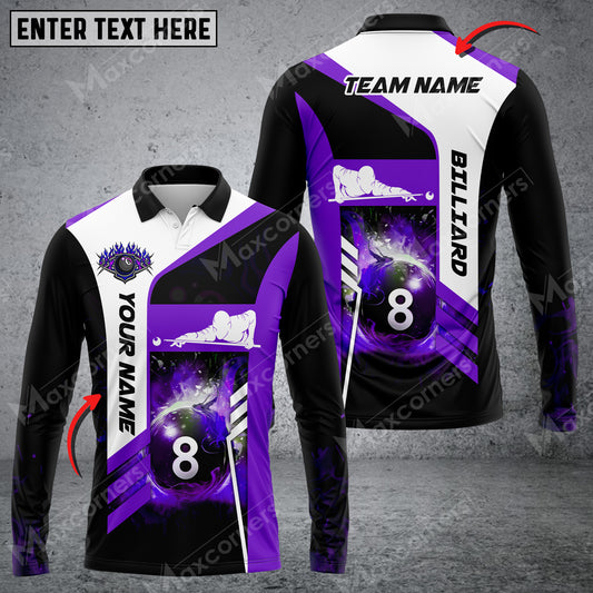 Maxcorners Billiards 8 Ball Fire Multicolor Option Customized Name Long Sleeve Polo Shirt