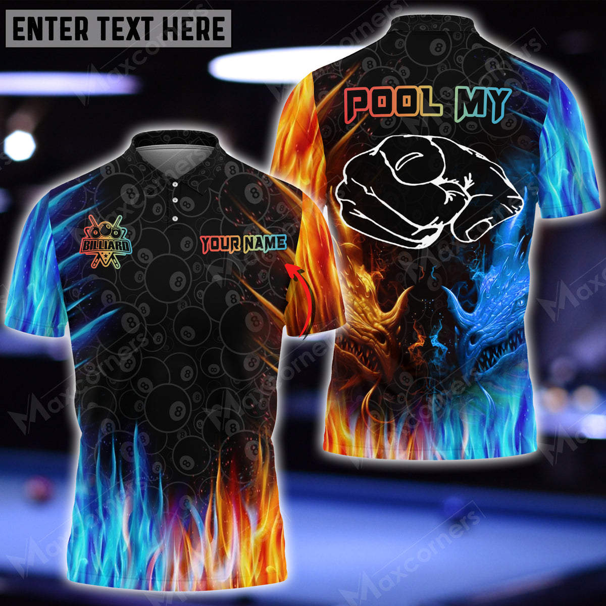 Maxcorners Billiards Dragon Water And Fire Personalized Name 3D Shirt For Dave Luce