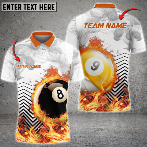 Maxcorners Billiards White Fire Flame Smoke Personalized Name, Team Name Unisex Shirt ( 4 Colors )