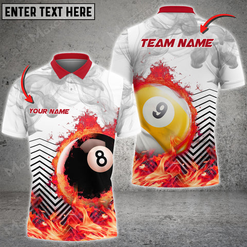 Maxcorners Billiards White Fire Flame Smoke Personalized Name, Team Name Unisex Shirt ( 4 Colors )