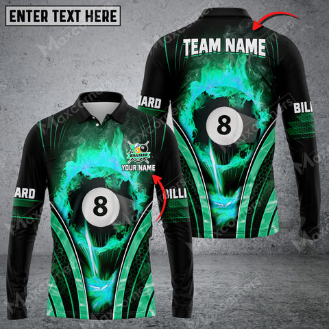 Maxcorners Billiards 8 Ball Fire Smoke Multicolor Option Customized Name Long Sleeve Polo Shirt