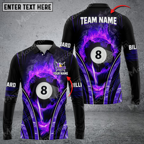 Maxcorners Billiards 8 Ball Fire Smoke Multicolor Option Customized Name Long Sleeve Polo Shirt