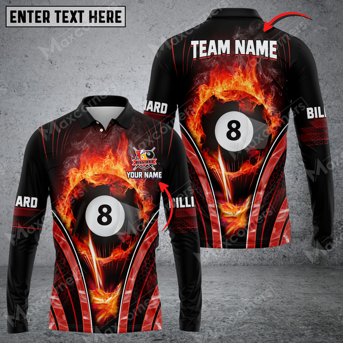 Maxcorners Billiards 8 Ball Fire Smoke Multicolor Option Customized Name Long Sleeve Polo Shirt