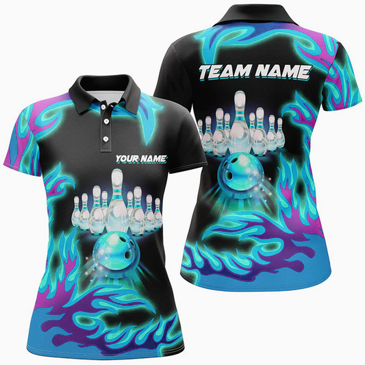 Maxcorners Flame Bowling Ball & Pins Multicolor Option Customized Name 3D Shirt For Women