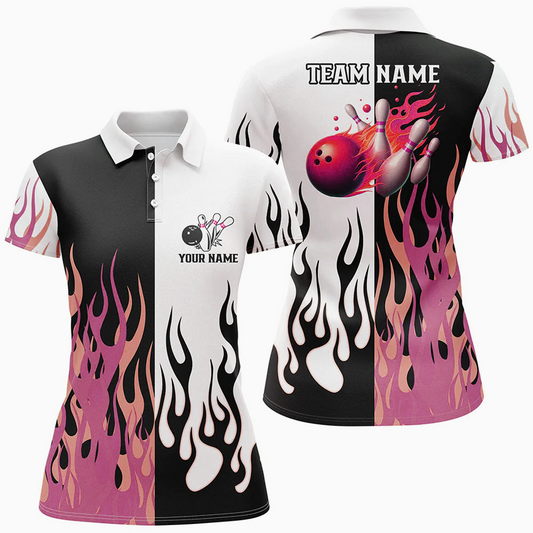 Maxcorners Bowling Ball & Pins Flame Pattern Multicolor Option Customized Name 3D Shirt For Women