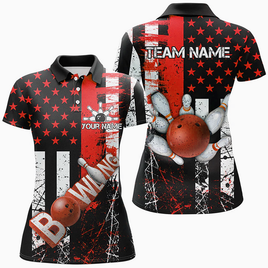 Maxcorners Bowling Ball & Pins Retro American Flag Multicolor Option Customized Name 3D Shirt For Women