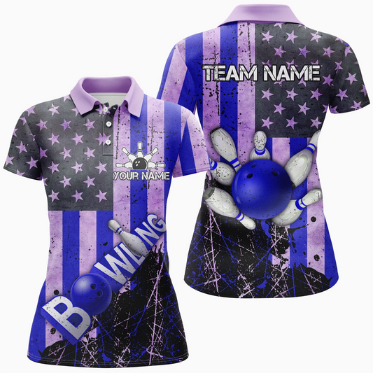 Maxcorners Bowling Ball & Pins Retro American Flag Jerseys Multicolor Option Customized Name 3D Shirt For Women