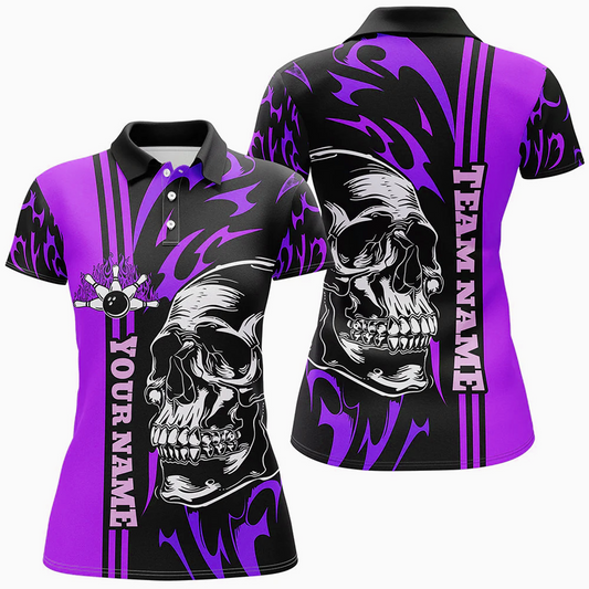 Maxcorners Bowling Ball And Pins Flame Skull Multicolor Option Customized Name 3D Shirt For Women