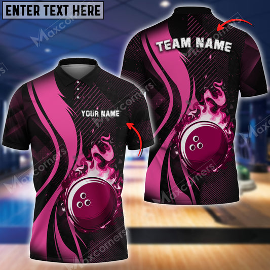 Maxcorners Bowling Ball Flame Multicolor Option Customized Name, Team Name 3D Polo Shirt (4 Colors)