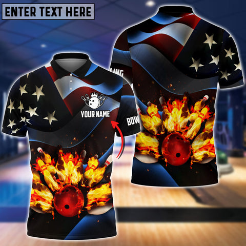 Maxcorners Bowling Ball And Pins Flame USA Flag Pattern Customized Name 3D Shirt