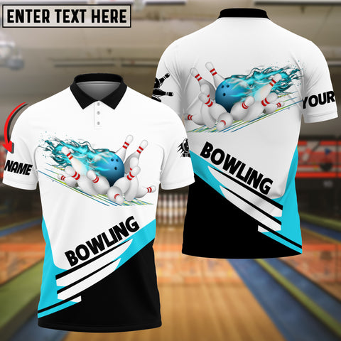 Maxcorners Cyan And White Bowling Ball Flame Customized Name 3D Shirt