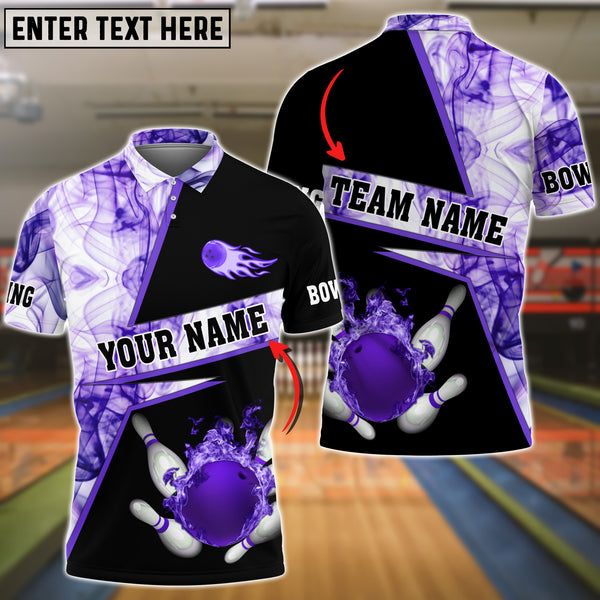 Maxcorners Bowling Flame Purple Smoke Pattern Premium Customized Name 3D Shirt