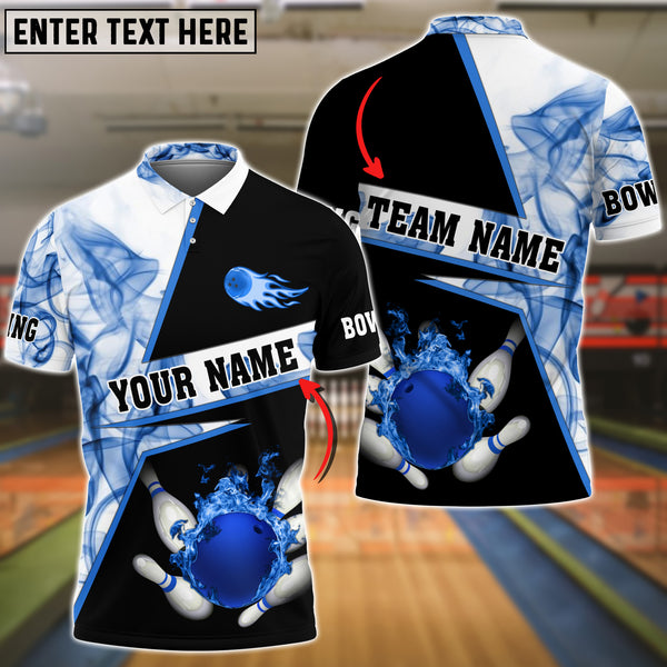 Maxcorners Bowling Flame Blue Smoke Pattern Premium Customized Name 3D Shirt