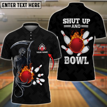Maxcorners Bowling And Pins Flame Black Skull Pattern Premium Customized Name 3D Shirt