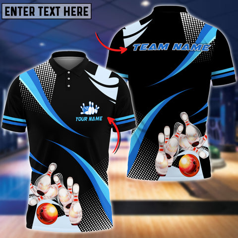 Maxcorners Orange Bowling Ball And Pins Blue Pattern Classic Customized Name All Over Printed Shirt