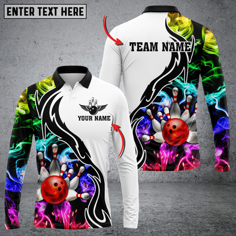 Maxcorners Bowling And Pins Multicolor Smoke Pattern Customized Name Long Sleeve 3D Shirt