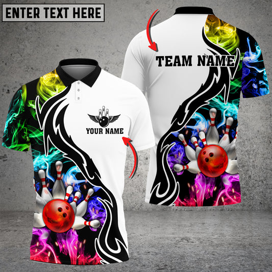 Maxcorners Bowling And Pins Multicolor Smoke Pattern Customized Name 3D Polo Shirt