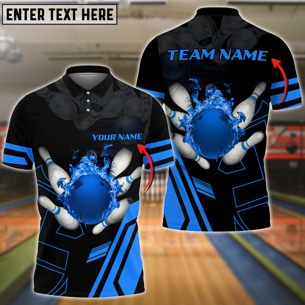 Maxcorners Blue Bowling Ball Flame Personalized Name All Over Printed Shirt