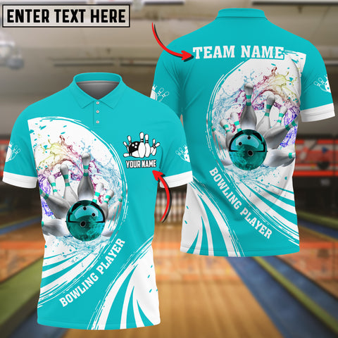 Maxcorners Cyan Bowling Ball Crashing The Pins Water Pattern Customized Name All Over Printed Shirt